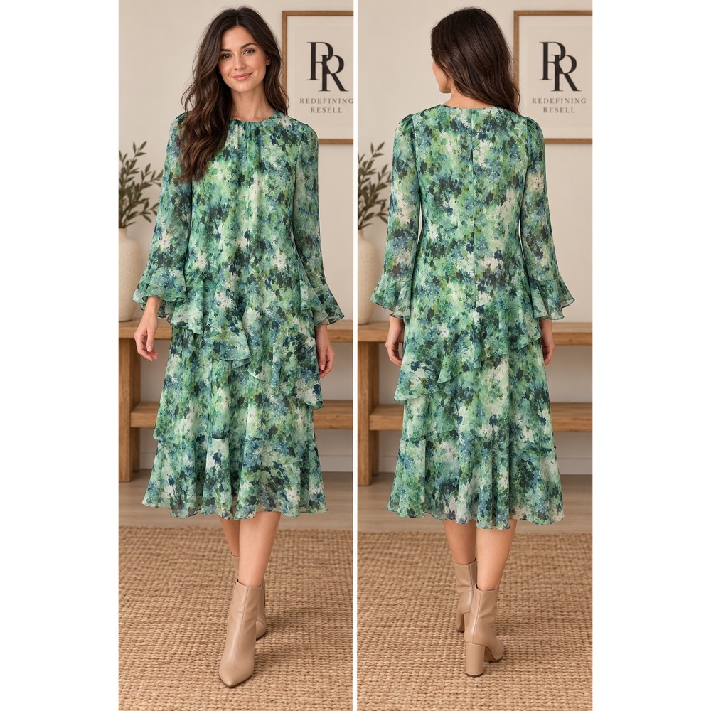 Tuckernuck Water Lillies Sasha Dress Green Floral Tiered Ruffle Midi XL NEW